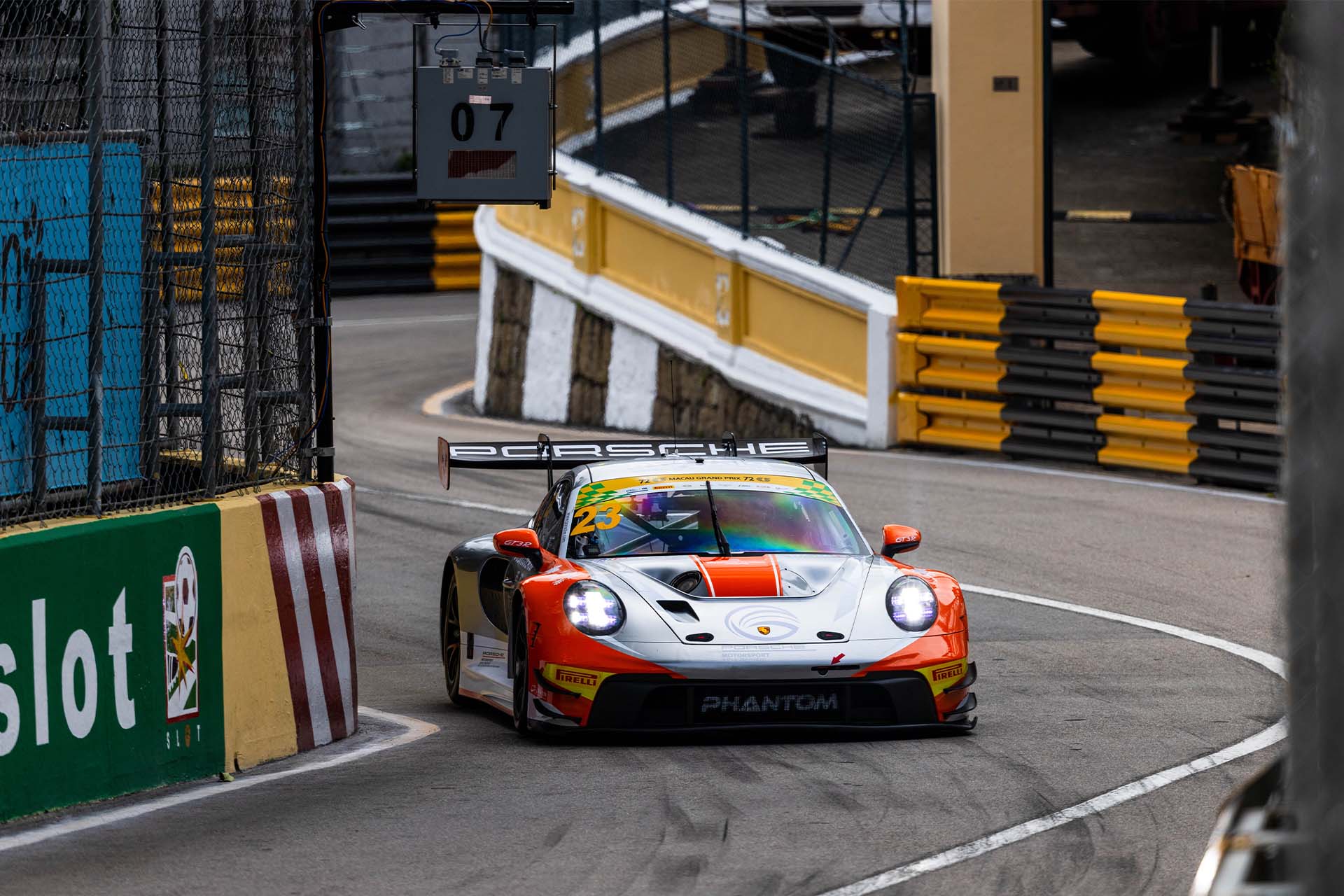 Porsche Motorsport Asia Pacific Selected Driver Dorian Boccolacci on-track in Macau in the #23 Phantom Global Racing Porsche 911 GT3 R. 