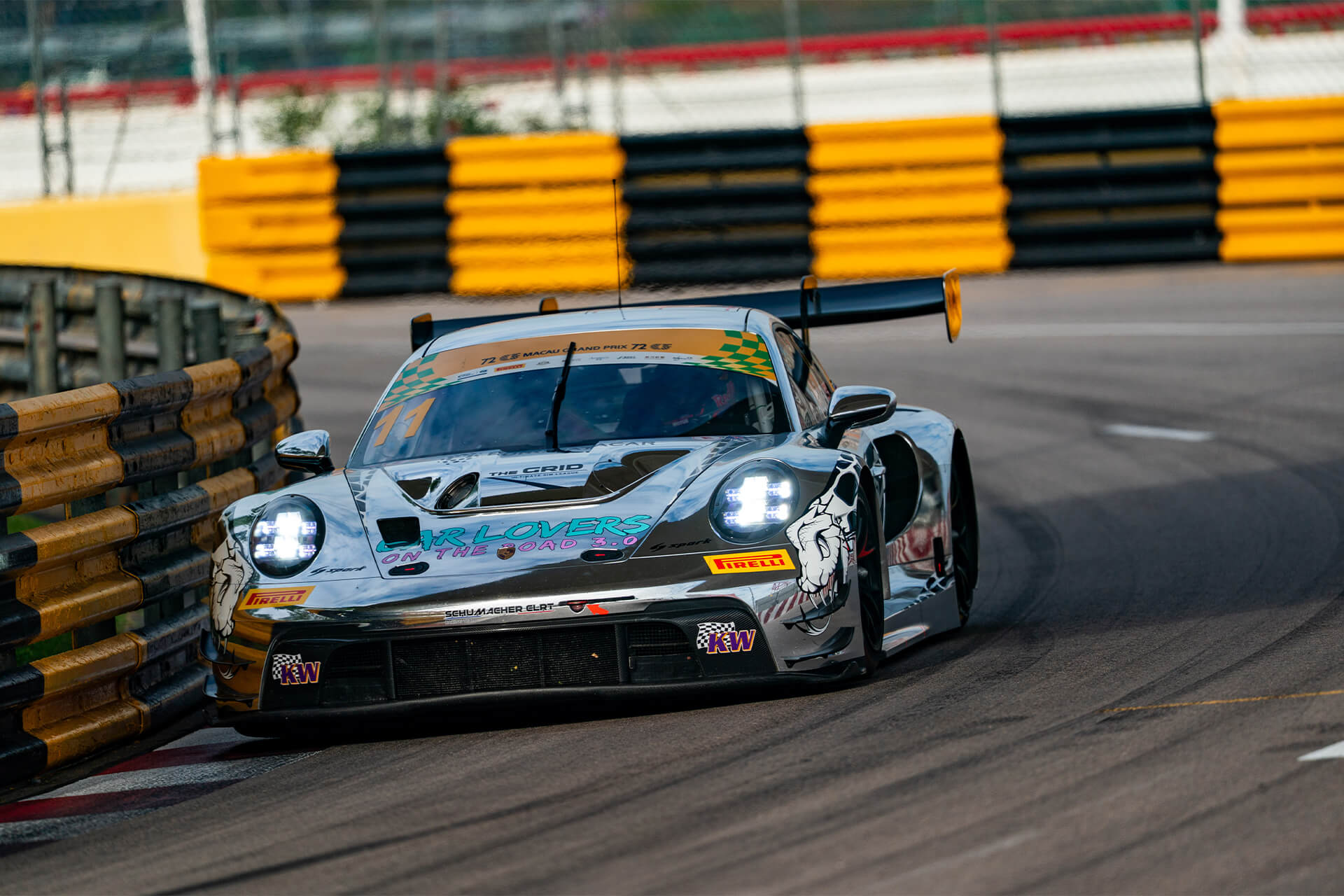 Porsche Motorsport Asia Pacific Selected Driver Dorian Boccolacci on-track in Macau in the #23 Phantom Global Racing Porsche 911 GT3 R. 